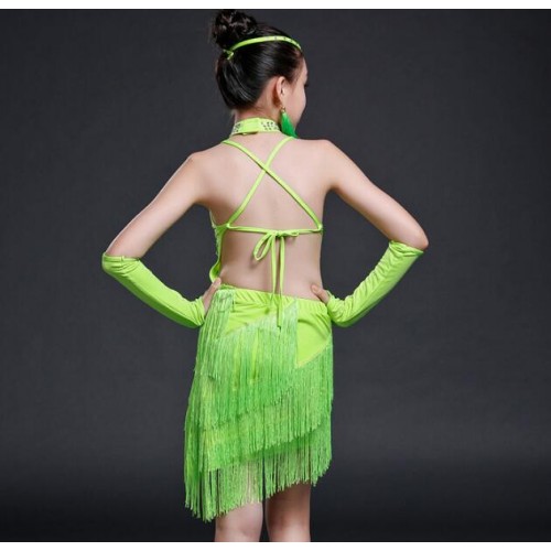 Girls latin dresses fringes green yellow royal blue stage performance salsa chacha rumba competition dancing costumes